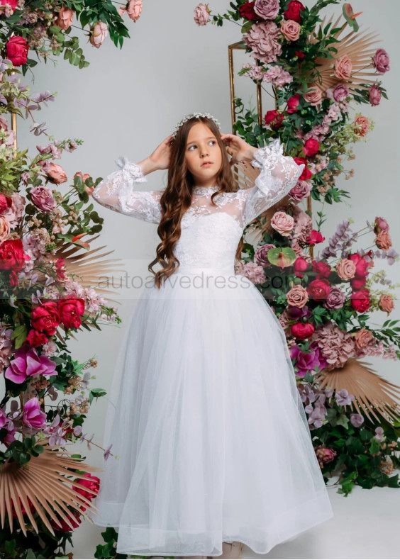 White Lace Glitter Tulle Slit Back Flower Girl Dress